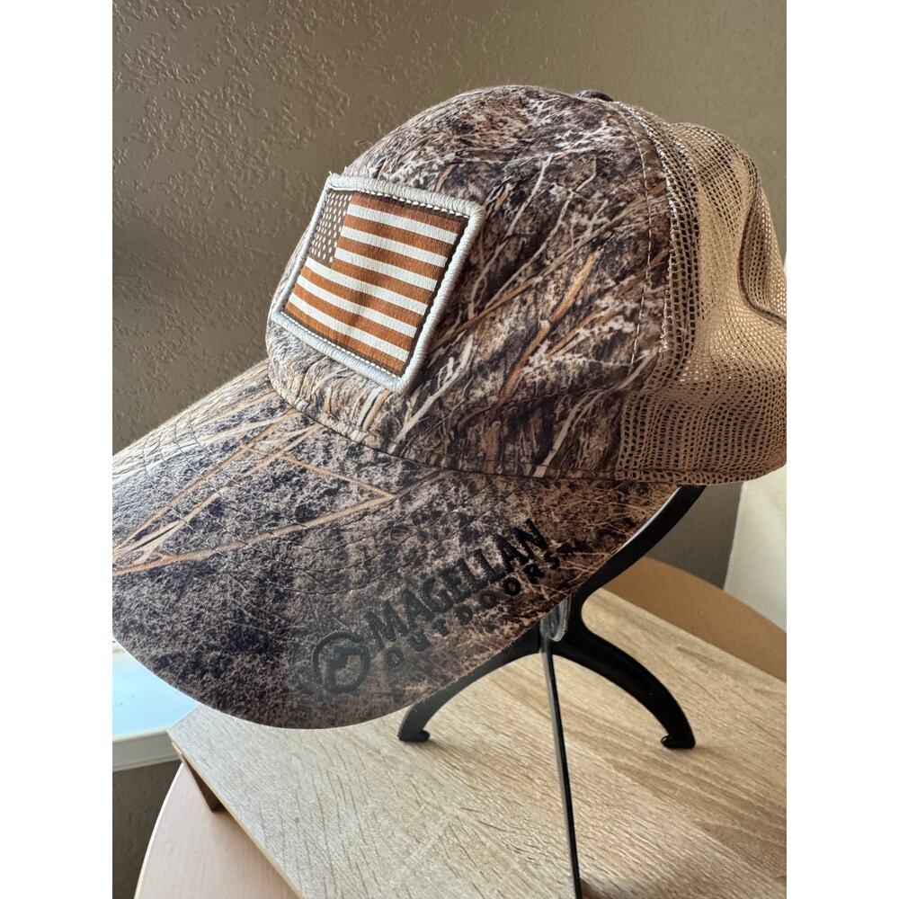 Magellan Outdoors Camo Trucker Hat with American Flag Patch - Picture 2 of 7